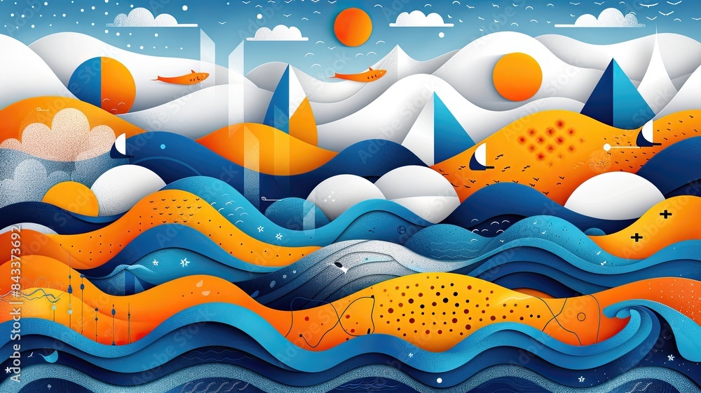 A colorful painting of a beach scene with mountains in the background A colorful painting of a beach scene with mountains in the background
