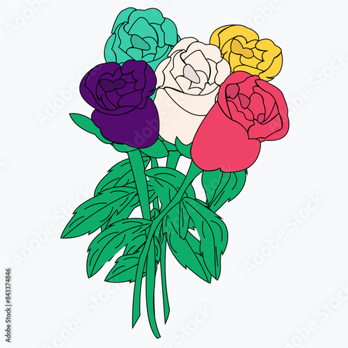 Bouquet of five beautiful multi-colored roses. Vector plant intended for a holiday or a gift for a girl.