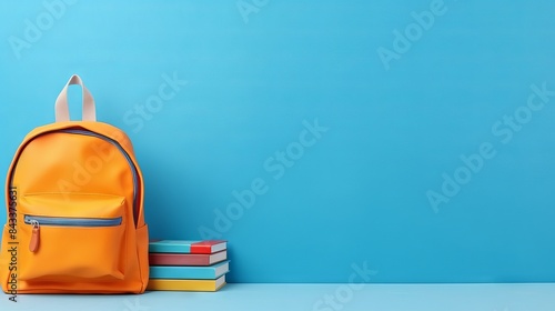 Colorful school backpack with supplies including notebooks, pencils, and art materials on a vibrant blue background with ample copy space for text