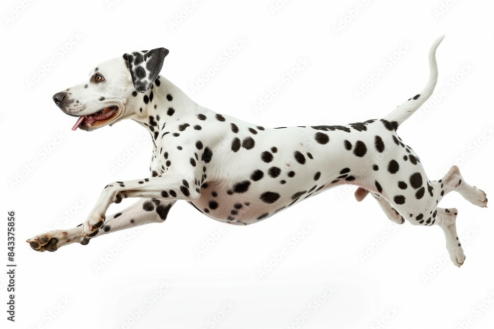 Dalmatian with Spotted Coat and a Playful Leap: A Dalmatian with a spotted coat and a playful leap, capturing its spirited and lively personality. photo on white isolated background 