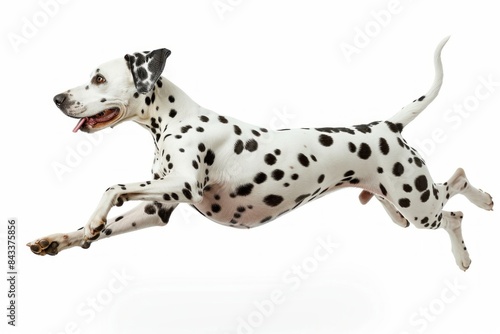 Dalmatian with Spotted Coat and a Playful Leap  A Dalmatian with a spotted coat and a playful leap  capturing its spirited and lively personality. photo on white isolated background 