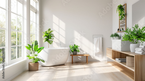 Modern spacious bathroom setting featuring a freestanding tub, big windowa and pots green plants. Modern bathroom interior design of light natural tones