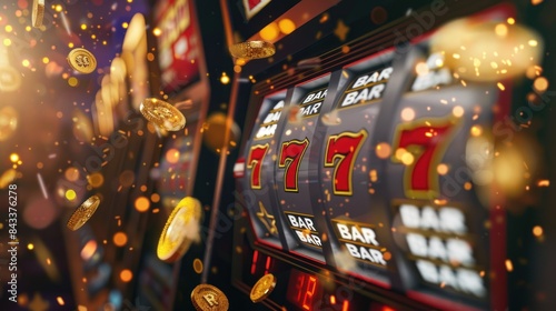 slot machine showing 777 with flying golden cons and confetti, casino, gambling and winning concept