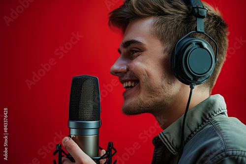 Smiling young radio host speaking into a microphone, representing communication and entertainment photo