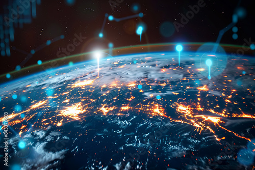 Communication satellite orbiting Earth, with futuristic holographic data symbolizing global internet connectivity and GPS technology © Emanuel