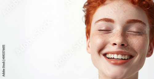 young happy red head woman short hair skin care beauty skincare cosmetics concept white background copy space