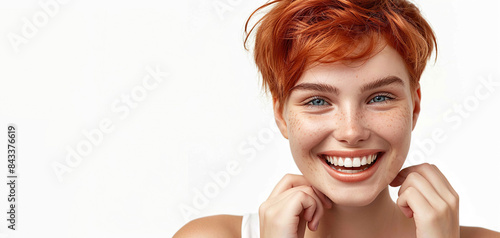young happy red head woman short hair skin care beauty skincare cosmetics concept white background copy space
