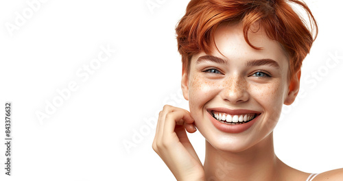 young happy red head woman short hair skin care beauty skincare cosmetics concept white background copy space