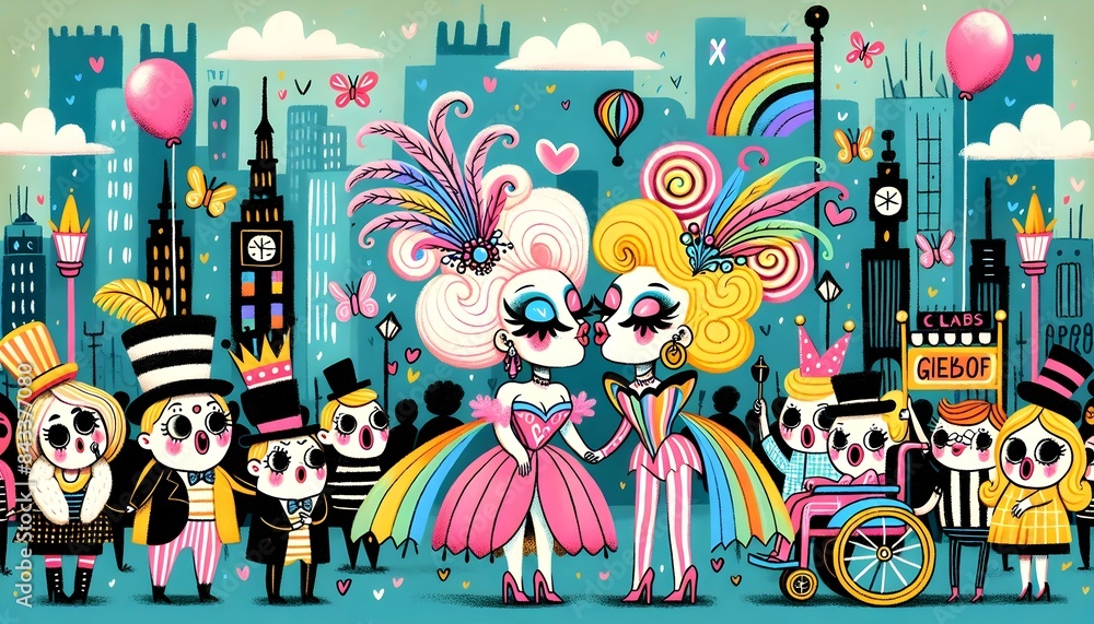 Fototapeta premium Día del orgullo gay, gay, orgullo, bandera, arcoiris, unicornio, llama, dibujos animados, decoraciones, alegre, empapelar, pintada, el amor es el amor, homosexual, lesbiana, pareja, comunidad, lgbt