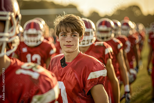 High school teenage boy leading his football team onto the field before a game, exuding determination and team spirit