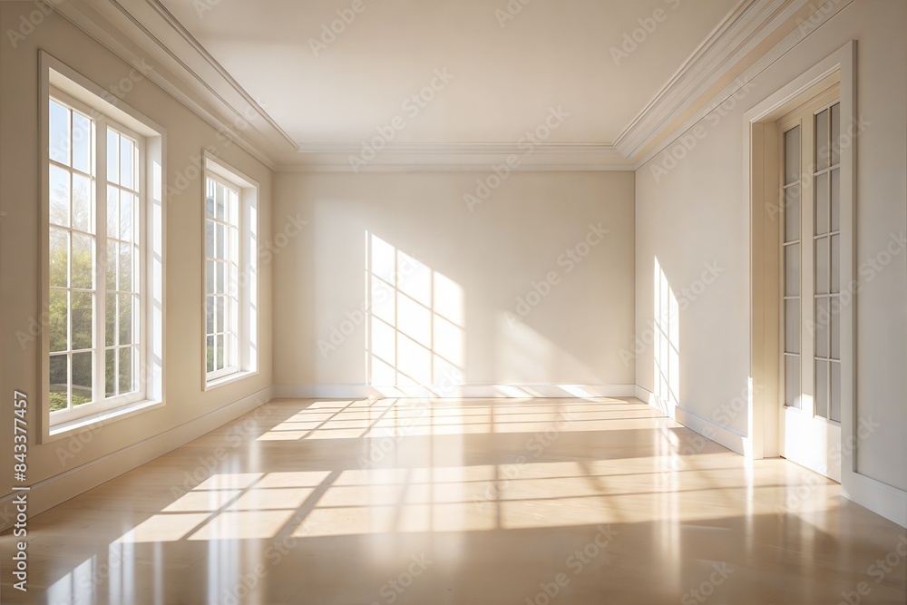 A serene scene of a white room with beige walls, sunlight streaming in to create subtle shadows on the floor A serene scene of a white room with beige walls, sunlight streaming in to create subtle shadows on the floor