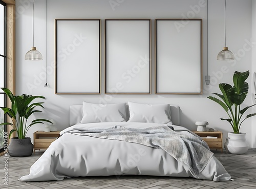 Modern bedroom interior with double bed and three blank poster frames on wall