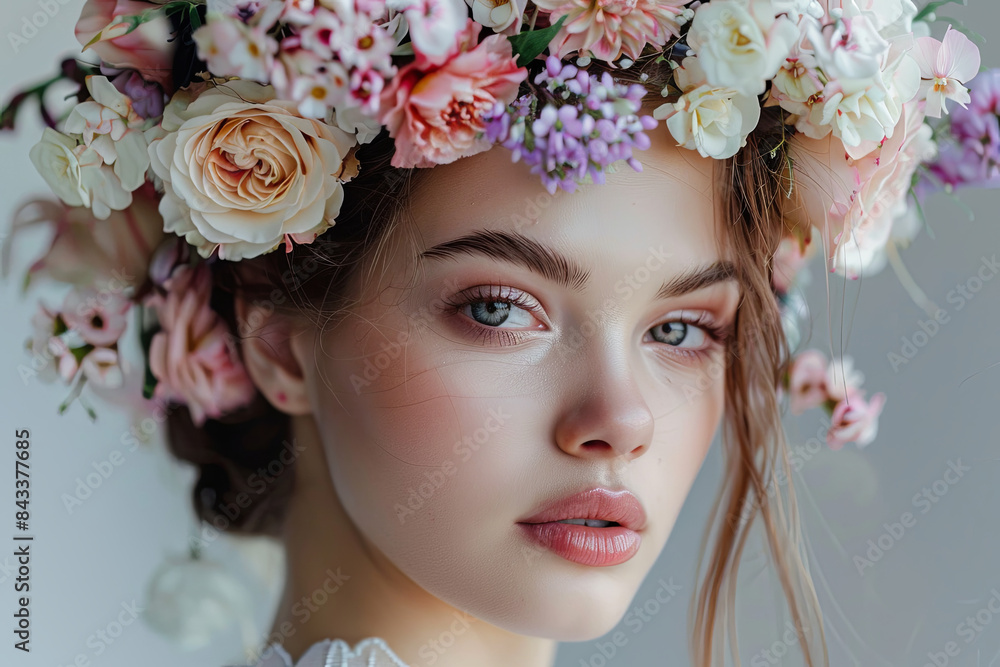 Fashion model with an elegant hairstyle adorned with fresh flowers Fashion model with an elegant hairstyle adorned with fresh flowers