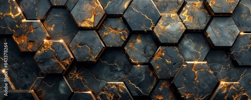 Modern art design with black marble hexagons and golden cracks