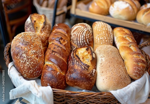 A cozy bakery scene with a basket of warm, assorted bread loaves and rolls, fresh out of the oven