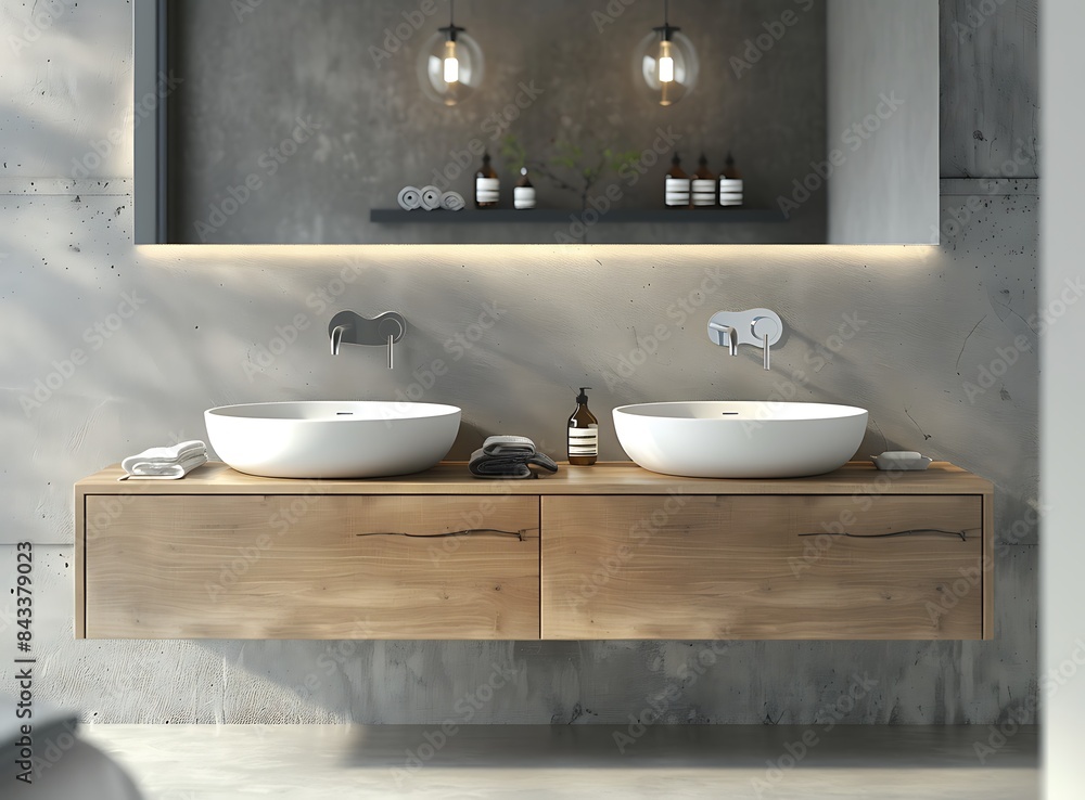 Fototapeta premium Modern double bathroom cabinet with two white circular sinks, wood and concrete wall background,