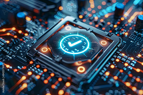 Cybersecurity concept with secure connection checkmark, motherboard, and safety authentication network or AI regulation laws featuring login and verified credentials
