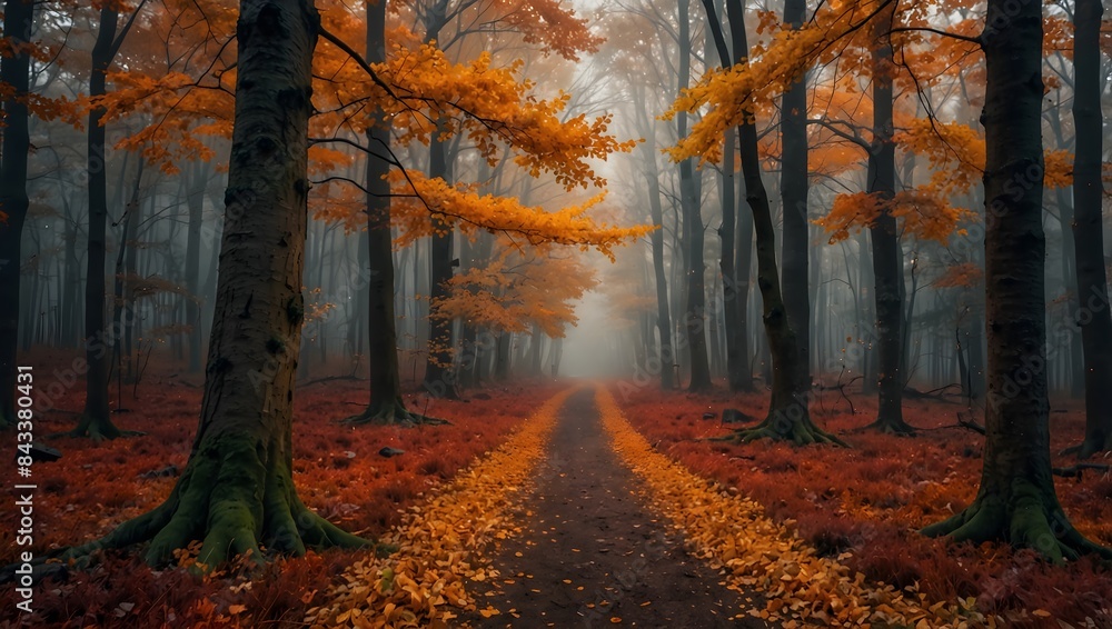 Fototapeta premium The enchanting beauty of a forest ablaze with the fiery hues of autumn ai_generated