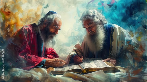 Torah study session flat design side view concepts of Judaism watercolor triadic color scheme