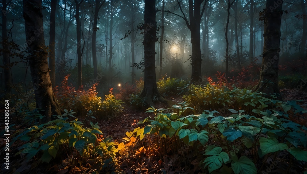 Obraz premium The ethereal atmosphere of a mystical forest bathed in the soft glow of twilight, its canopy alive with a myriad of colorful leaves ai_generated