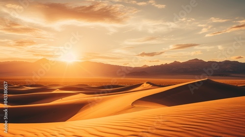 Beautiful desert sun setting over arid sandy dunes wilderness scenery in hot climate