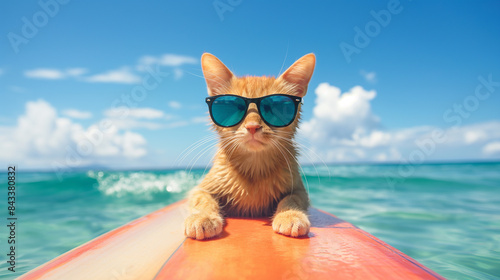 Funny cat with sunglasses on surfboard, against the wave, Animal photography