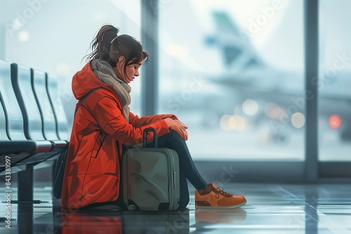 Airport traveler feeling upset and exhausted while waiting for delayed or canceled flight with baggage.