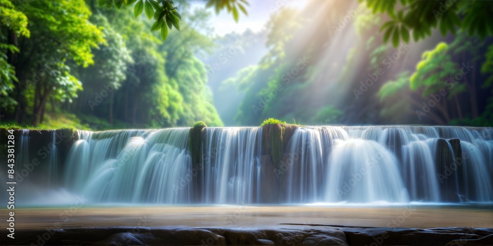 Obraz premium Waterfall Mist Blur Background: A blur background that captures the mist of a waterfall, adding a sense of freshness to product advertising. 