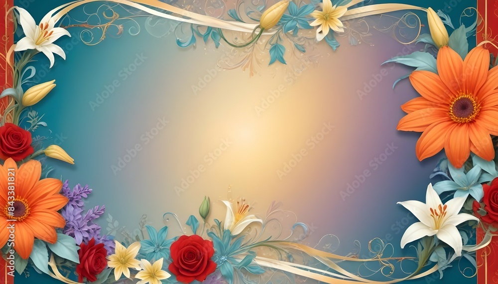 Elaborate border composed of swirling ribbons in various shades of orange, turquoise, and lavender, entwined with a bountiful bouquet of deep red roses, bright yellow daisies, and delicate white lilie Elaborate border composed of swirling ribbons in various shades of orange, turquoise, and lavender, entwined with a bountiful bouquet of deep red roses, bright yellow daisies, and delicate white lilie
