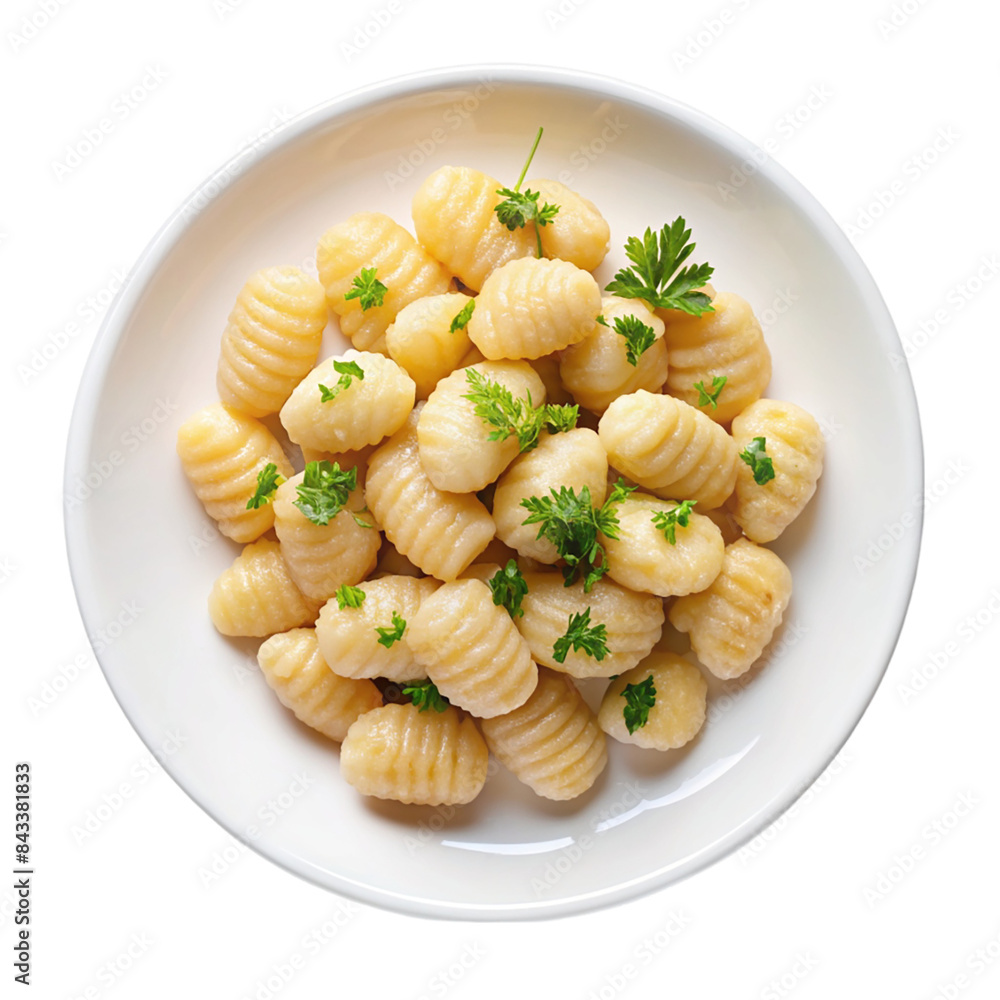 Gnocchion white plate top view Isolated on transparent background Gnocchion white plate top view Isolated on transparent background