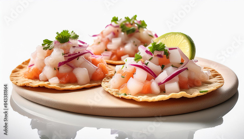 Tostadas de ceviche crispy tortillas are topped with a ceviche style fish mixture photo