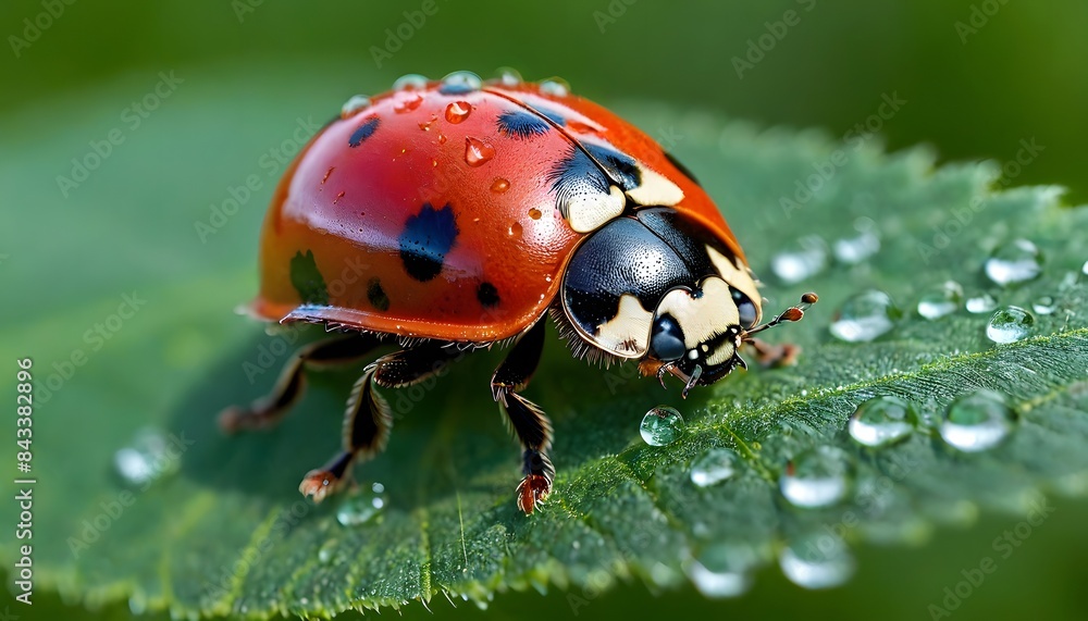 Naklejka premium Lady bug sitting on a green leaf.
