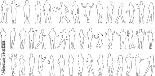 People line art vector, diverse poses, business casual dancing walking group, human figures, men, women black outlines isolated illustration