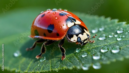 Lady bug sitting on a green leaf.