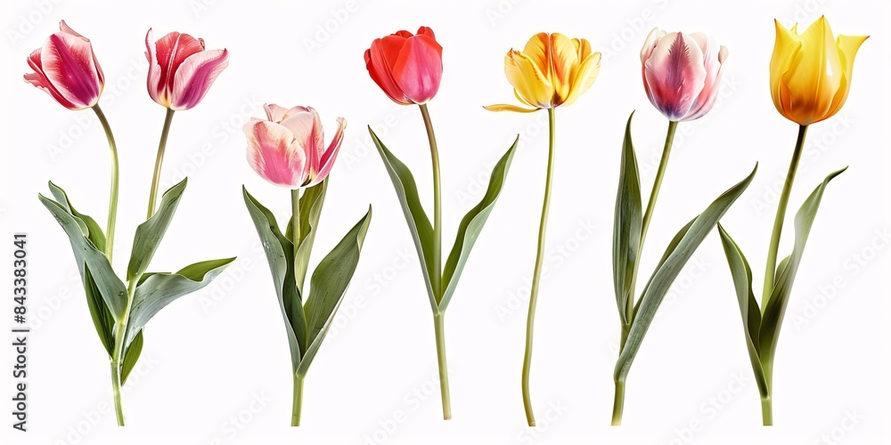 Obraz premium Beautiful collection of spring tulips isolated on a white background.