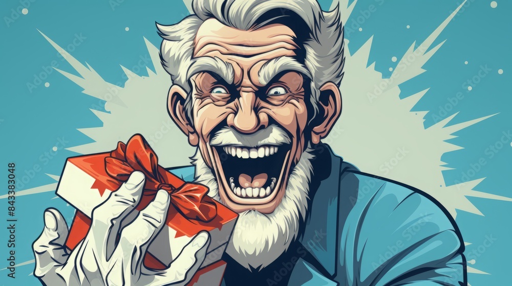 angry, frightening mature man with a gift in his hands. pop art portrait. congratulations on the holiday. angry, frightening mature man with a gift in his hands. pop art portrait. congratulations on the holiday.