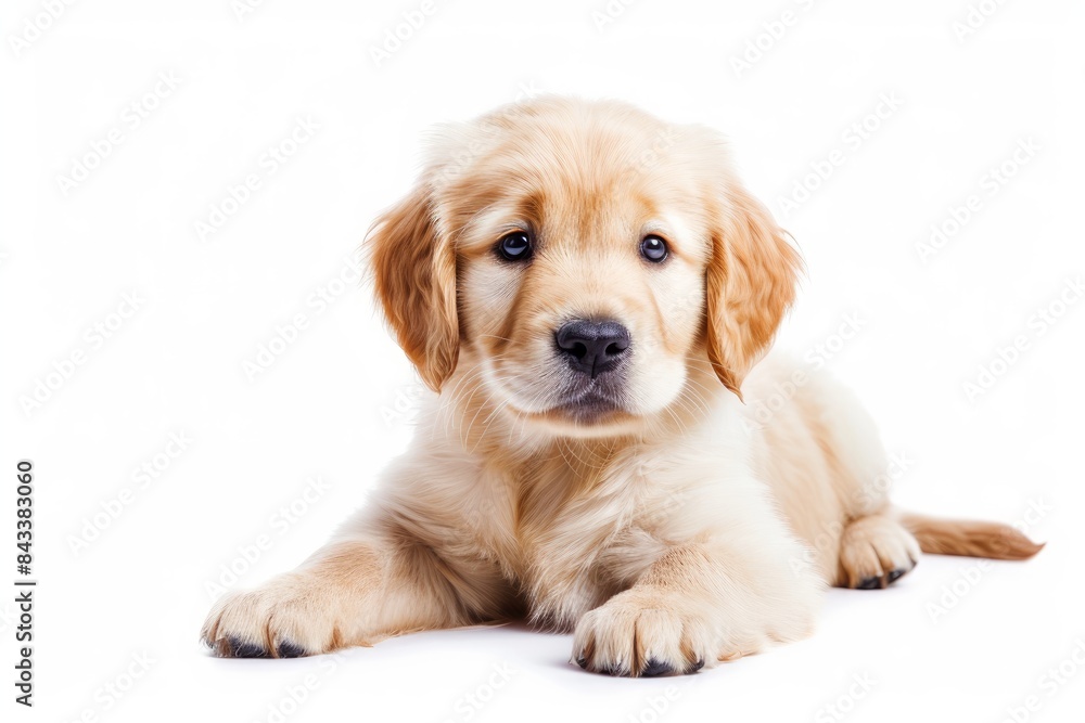 Golden Retriever Puppy with Bright Eyes and a Curious Stance: A Golden Retriever puppy with bright eyes and a curious stance, displaying its innocence and curiosity