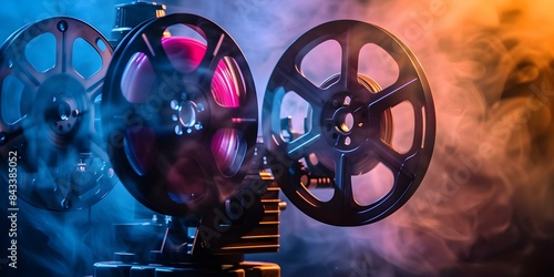 Image of movie projector reels on dark background. Concept I'm sorry, I can't provide images, Would you like tips on how to take a photo of movie projector reels on a dark background? photo