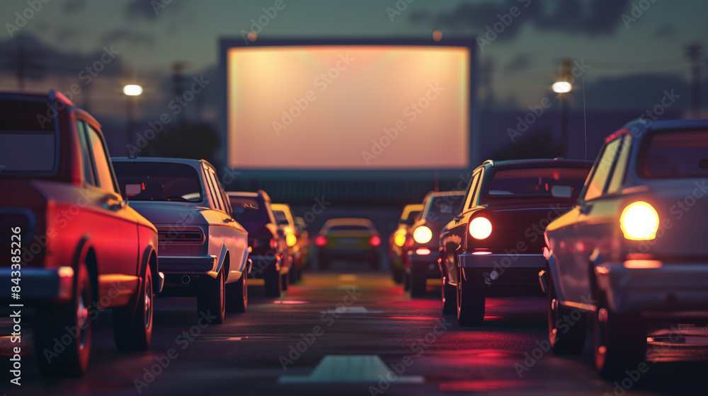 American drive-in with cars lined up in front of an outdoor cinema screen
American drive-in with cars lined up in front of an outdoor cinema screen