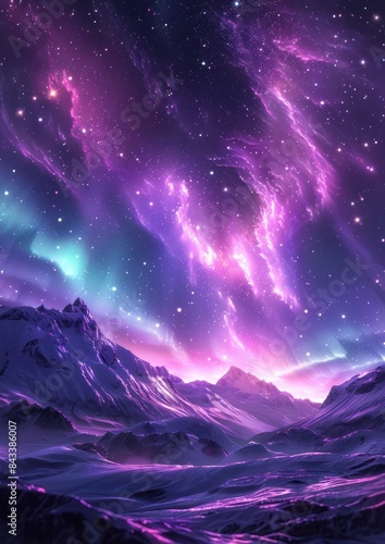 Majestic Northern Lights Over Mountains - Stunning display of the northern lights over snowy mountain peaks and a serene frozen lake under a starry purple sky.