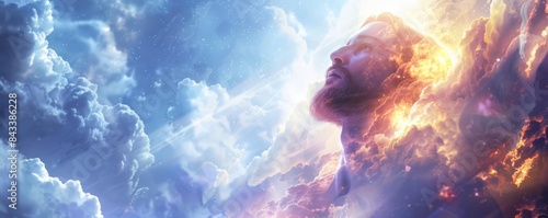 Surreal image of a man emerging from clouds with vibrant light, symbolizing enlightenment, transcendence, and spiritual awakening.