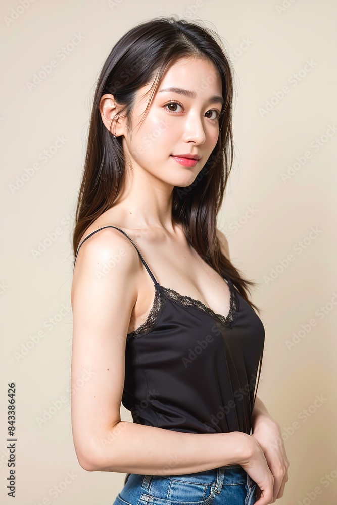 シンプルな服装でポーズをとる女性 シンプルな服装でポーズをとる女性