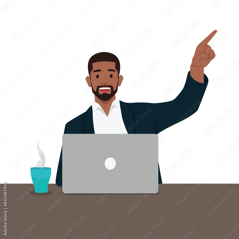 Young businessman pointing and looking upwards in awe with amazed. Flat vector illustration isolated on white background Young businessman pointing and looking upwards in awe with amazed. Flat vector illustration isolated on white background