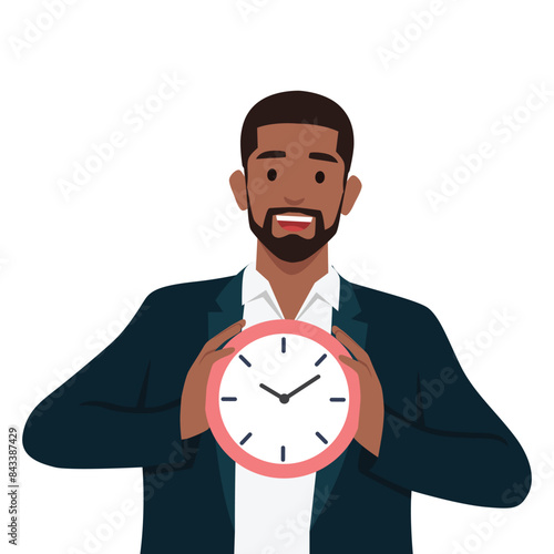 Young bearded businessman holding a clock. Time management concept. Flat vector illustration isolated on white background