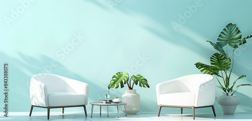 A tranquil patio setup with two modern white chairs and a decorative table showcasing a leafy plant, all complemented by a soft light blue wall backdrop, creating an inviting outdoor retreat captured