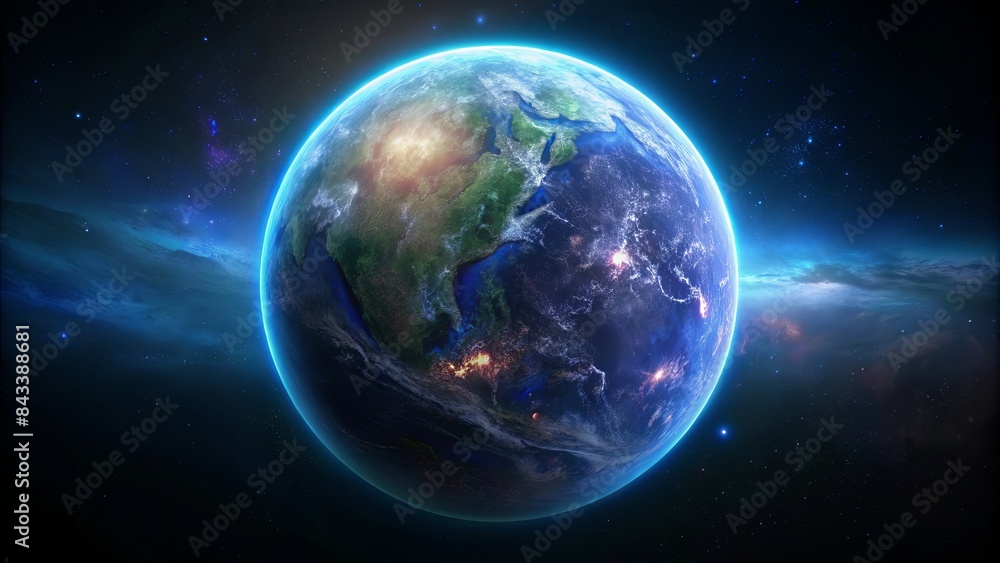 Obraz premium A blue and green planet in space with a bright star in the background