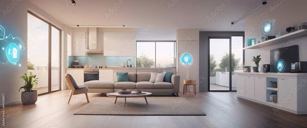 Fototapeta premium illustrate the concept of the Internet of Things with an image of a smart home, featuring various connected devices and appliances, shot from a low angle with a wide-angle lens