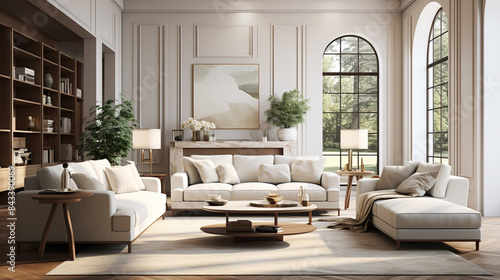 livingroom, American style, using earth tones, light white and light gold, modern furniture