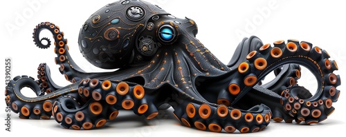 An octopus with a steampunk aesthetic The octopus is black with orange accents and has glowing blue eyes