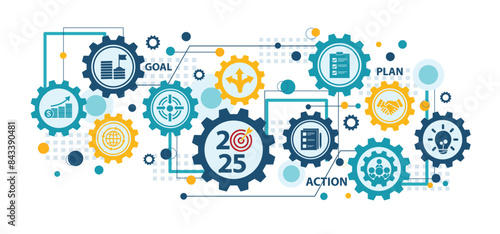 2025 new year goal plan action with target icons, Business plan, financial plan and strategies. Annual plan and development for achieving goal, achievement and success in 2024. Vector illustrator set.